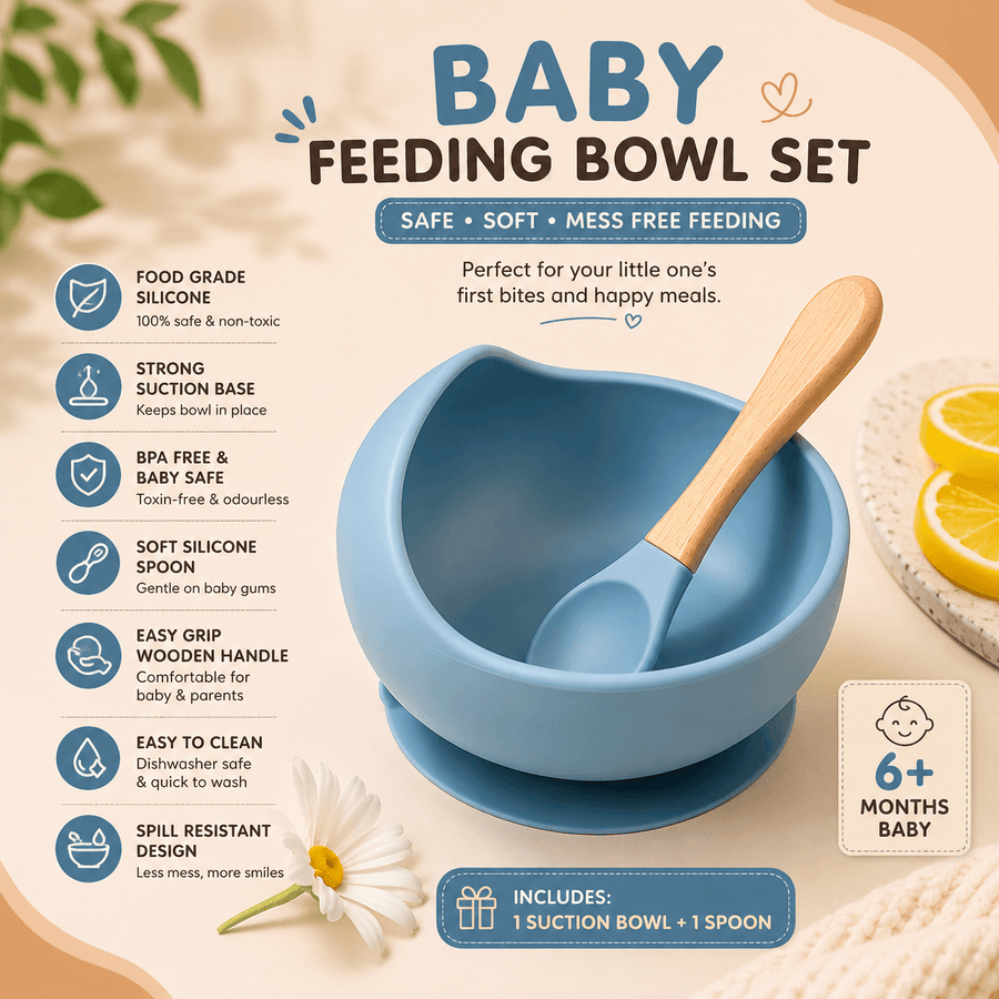 Silicone Baby Suction Bowl with Wooden Handle Spoon | BPA Free Feeding Bowl for Babies & Toddlers
