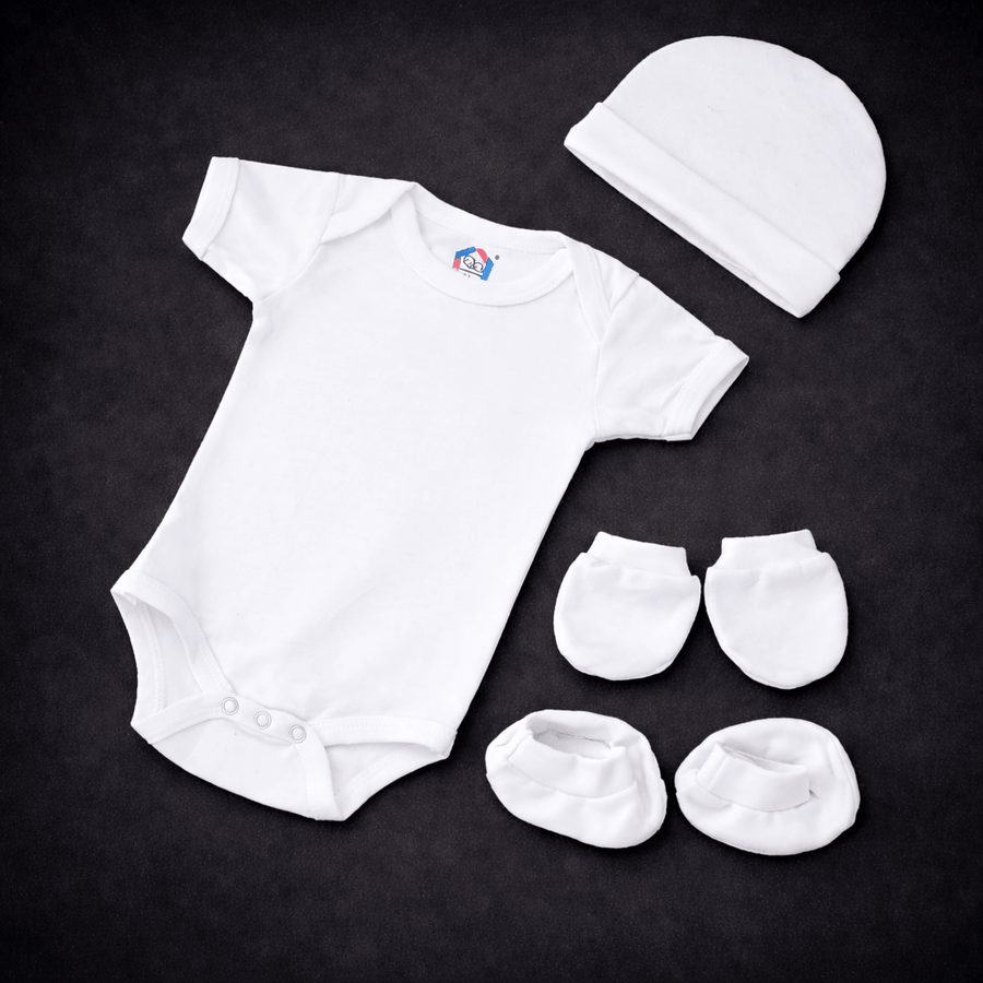 Newborn Baby Clothing Set (4 Pcs) | White Romper, Cap, Mittens & Booties Combo