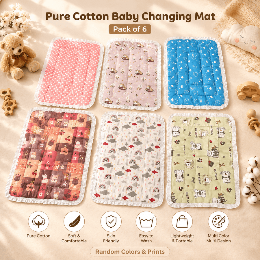 Pure Cotton Baby Changing Mat Combo Pack of 6 / Multi Color & Cute Printed Designs