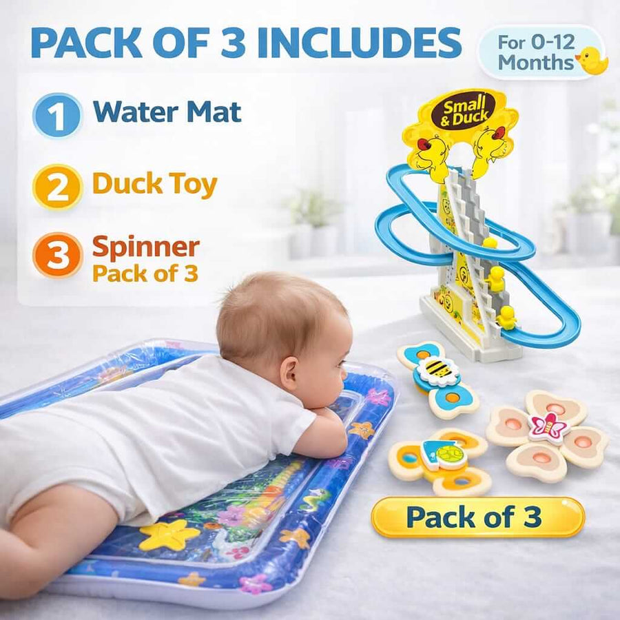 Baby Tummy Time Play Combo – Tummy Mat + Small Duck Toy + 3 Pcs Spinner Toys for Baby Activity, Learning & Fun Play Set