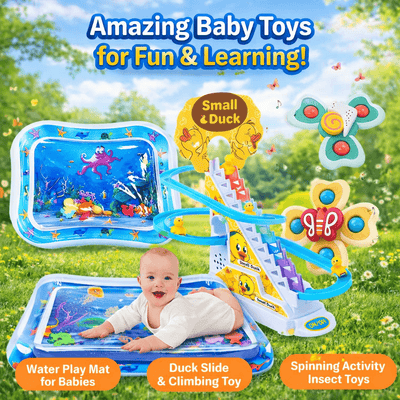 Baby Tummy Time Play Combo – Tummy Mat + Small Duck Toy + 3 Pcs Spinner Toys for Baby Activity, Learning & Fun Play Set