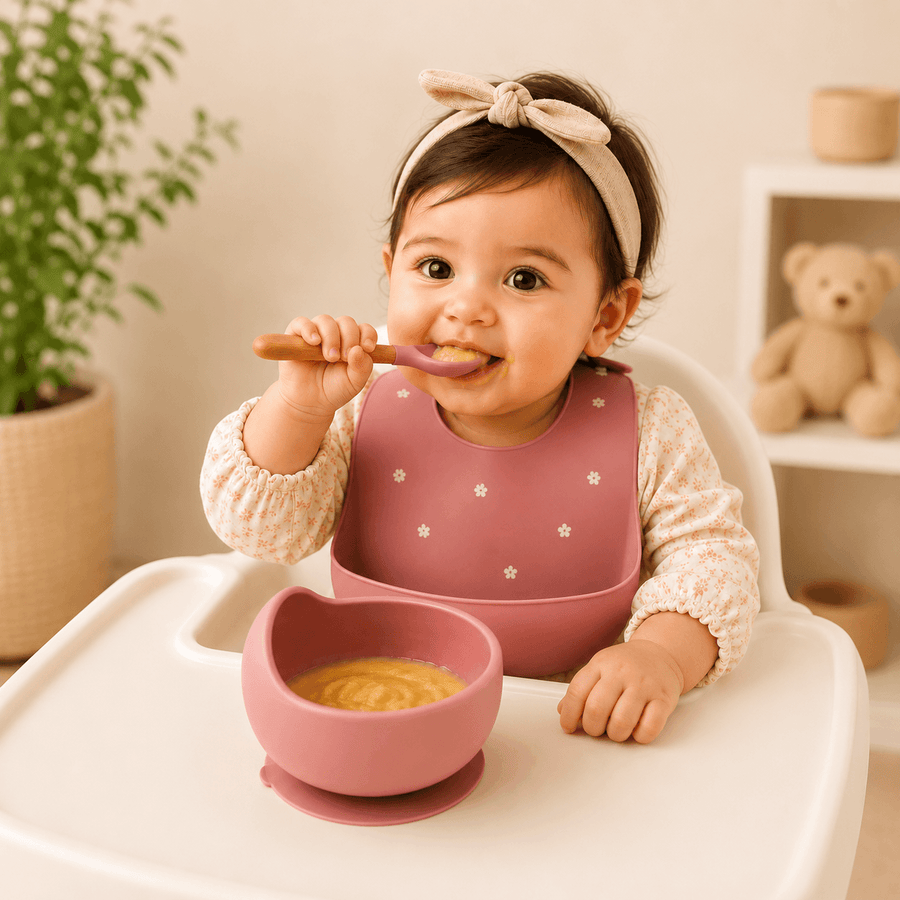 Silicone Baby Suction Bowl with Wooden Handle Spoon | BPA Free Feeding Bowl for Babies & Toddlers