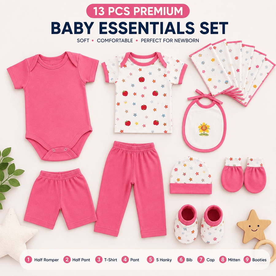 13 Pcs Premium Newborn Baby Essentials Set | Romper & Accessories Combo