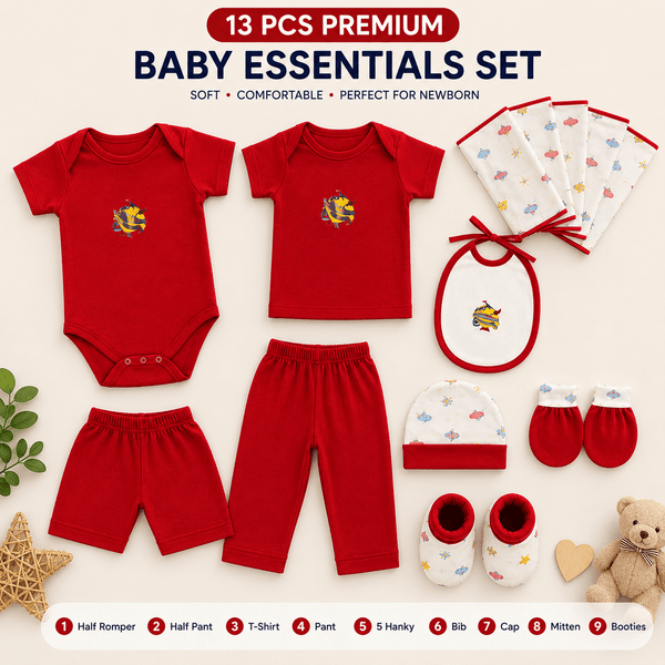 13 Pcs Premium Newborn Baby Essentials Set | Romper & Accessories Combo