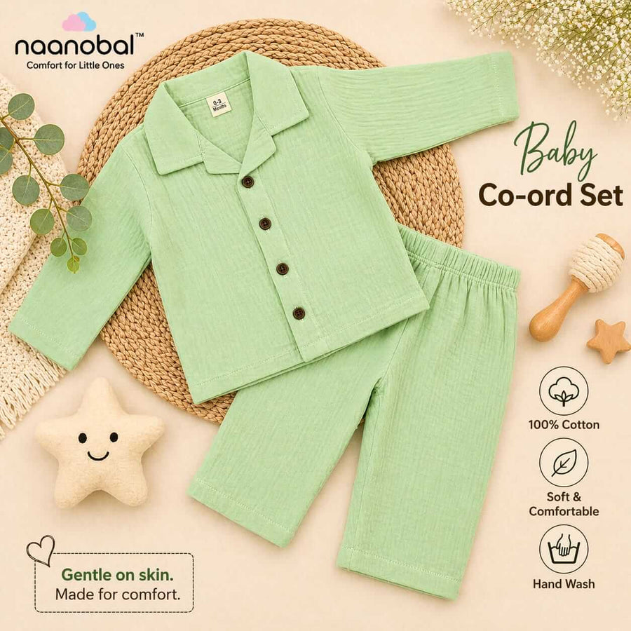 Premium Muslin Cotton Baby Co-Ord Set (Unisex) (Shirt & Pants) – Ultra Soft & Skin-Friendly Comfort
