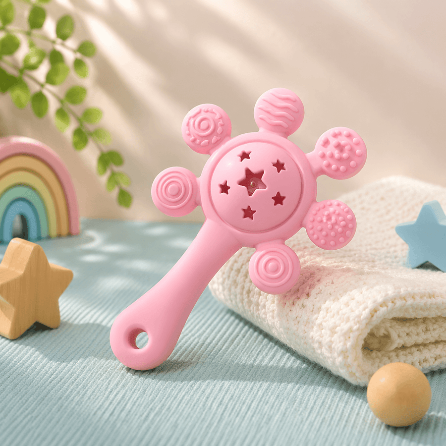 Multicolor Silicone Rattle Teether for Babies | Soft BPA Free Teething Toy with Rattle Sound