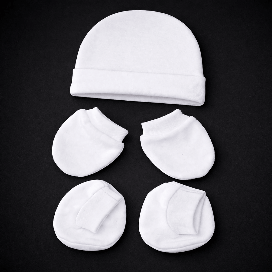 Newborn Baby Clothing Set (4 Pcs) | White Romper, Cap, Mittens & Booties Combo