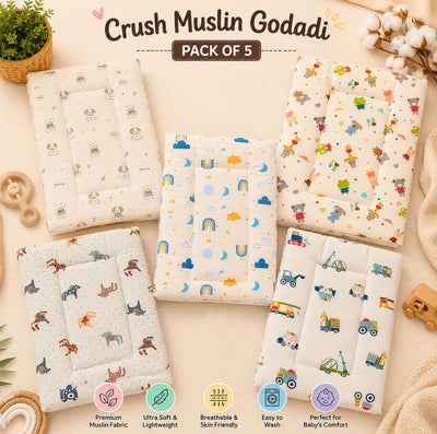 Premium Crush Muslin Godadi – Pack of 5 | Soft & Lightweight for Babies