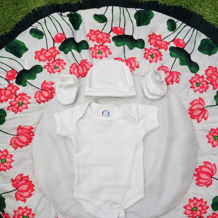 Baby Chhathi Ceremony Complete Combo Set for Boys & Girls β Moti Godadi, Romper Set, Cap, Mittens Booties, Vidhata Book, Pagli Rumal & 7 Slogan Cards