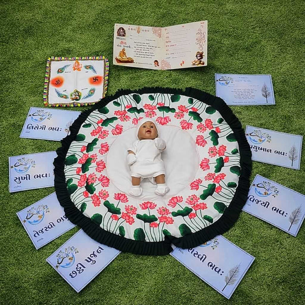 Baby Chhathi Ceremony Complete Combo Set for Boys & Girls β Moti Godadi, Romper Set, Cap, Mittens Booties, Vidhata Book, Pagli Rumal & 7 Slogan Cards