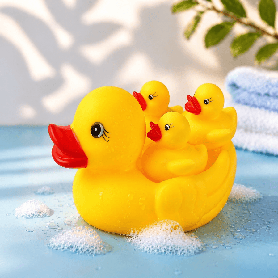 Chu Chu Sound Duck Family Bath Toy Set (1 Big Duck + 3 Small Ducklings) | Squeaky Floating Water Toy for Kids