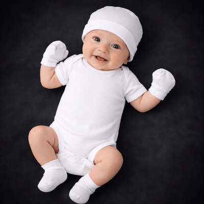 Newborn Baby Clothing Set (5 Pcs) | White Romper, Cap, Mittens & Booties Combo