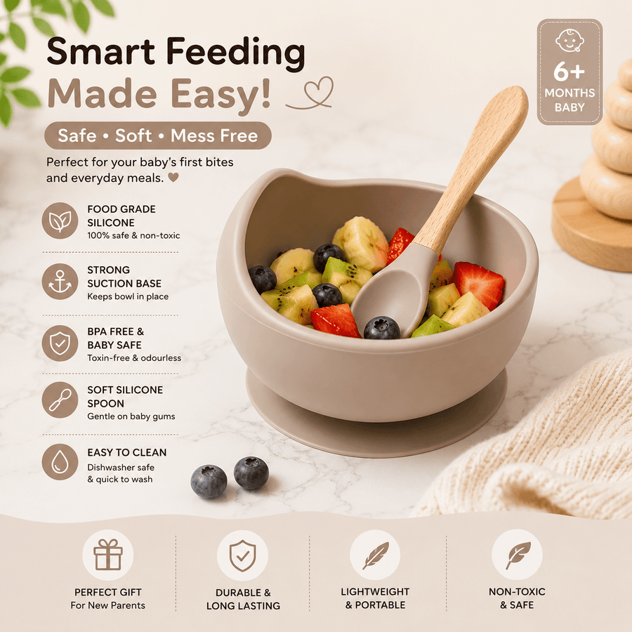 Silicone Baby Suction Bowl with Wooden Handle Spoon | BPA Free Feeding Bowl for Babies & Toddlers