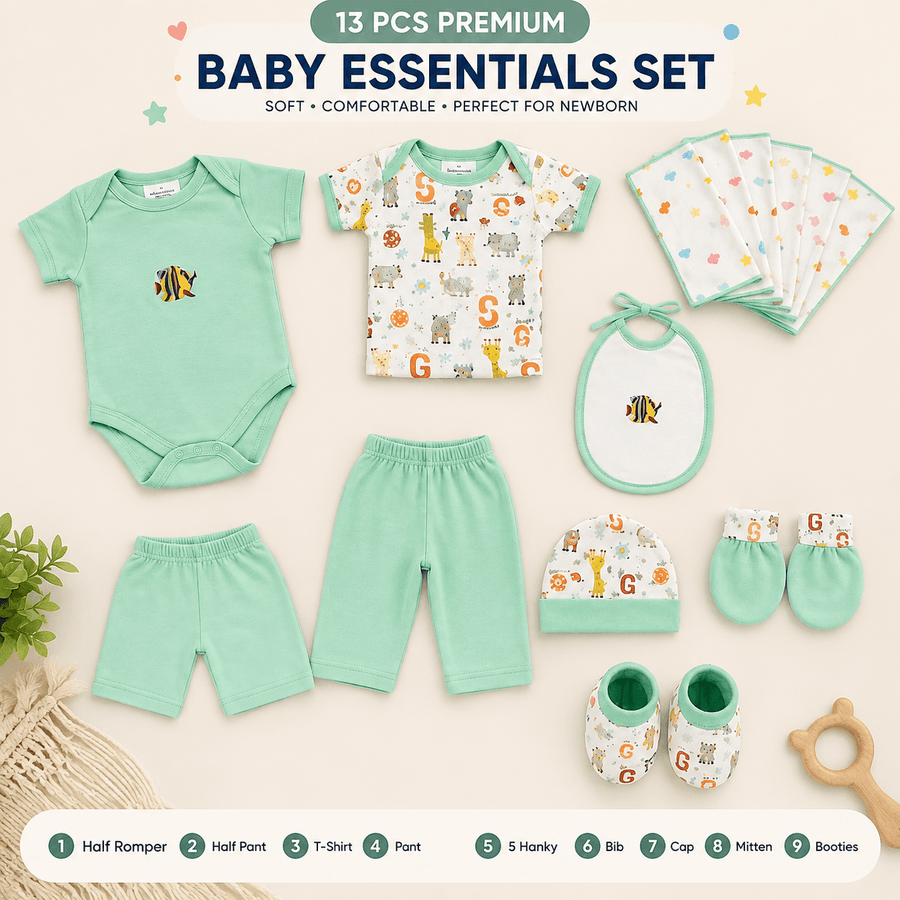 13 Pcs Premium Newborn Baby Essentials Set | Romper & Accessories Combo