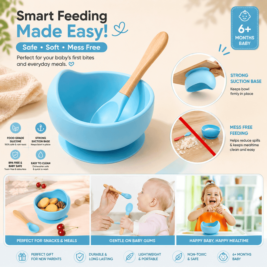 Silicone Baby Suction Bowl with Wooden Handle Spoon | BPA Free Feeding Bowl for Babies & Toddlers