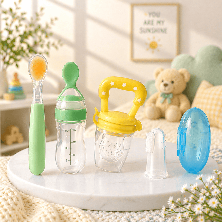 Combo Of Silicone Finger Brush, Fruit Feeder, Spoon, Spoon Bottle For Kids Pack Of 4 (Multicolor)