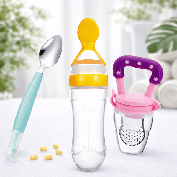 3-in-1 Baby Feeding Combo Set for Kids (Pack of 3) β Silicone Spoon, Feeding Spoon Bottle & Fruit Feeder