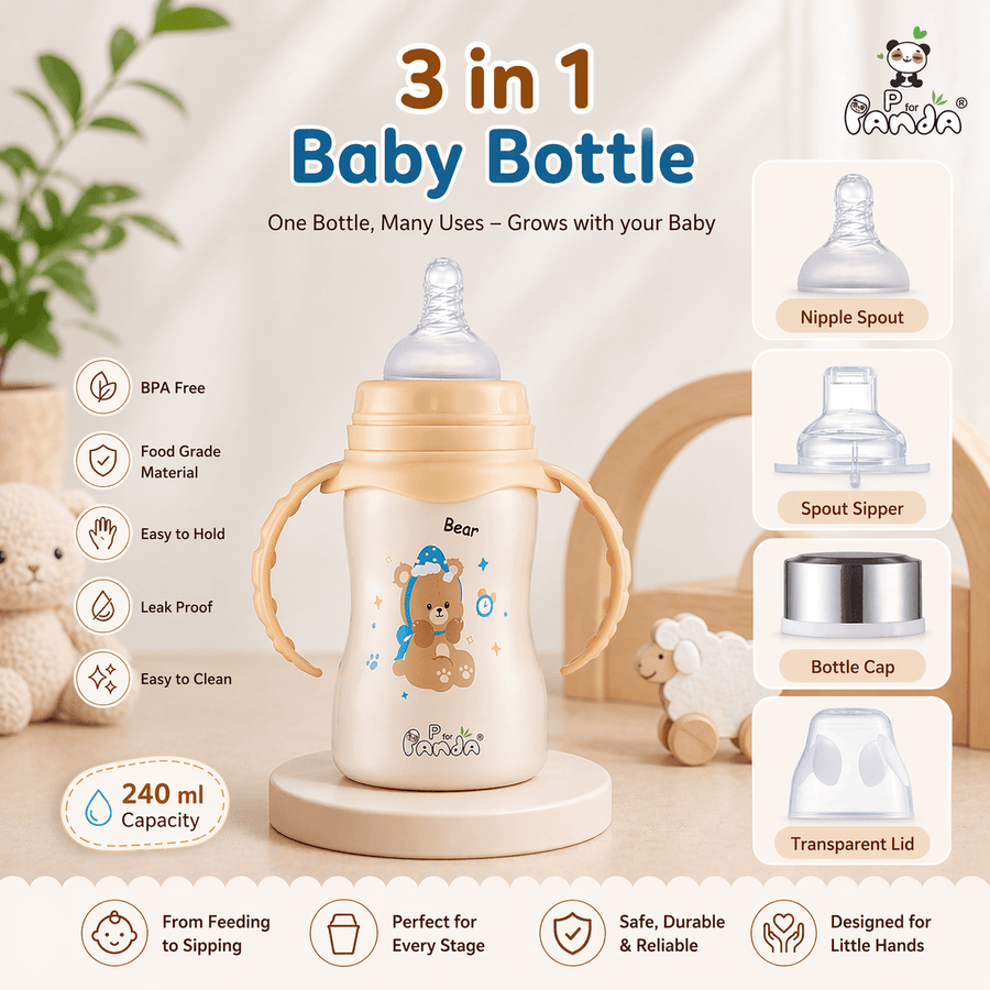 3 in 1 Baby Steel Feeding Bottle | Sipper Cup with Handle | Multi-Use Baby Bottle