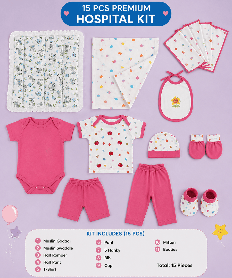 15 Pcs Premium Newborn Baby Hospital Kit | Soft Cotton Baby Essentials Set