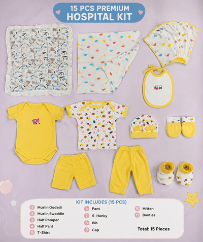 15 Pcs Premium Newborn Baby Hospital Kit | Soft Cotton Baby Essentials Set