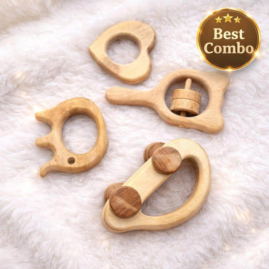 Natural Neem Wood Baby Teether Set of 4 – Safe Wooden Teething Toys for Babies