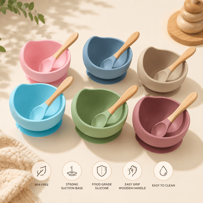 Silicone Baby Suction Bowl with Wooden Handle Spoon | BPA Free Feeding Bowl for Babies & Toddlers