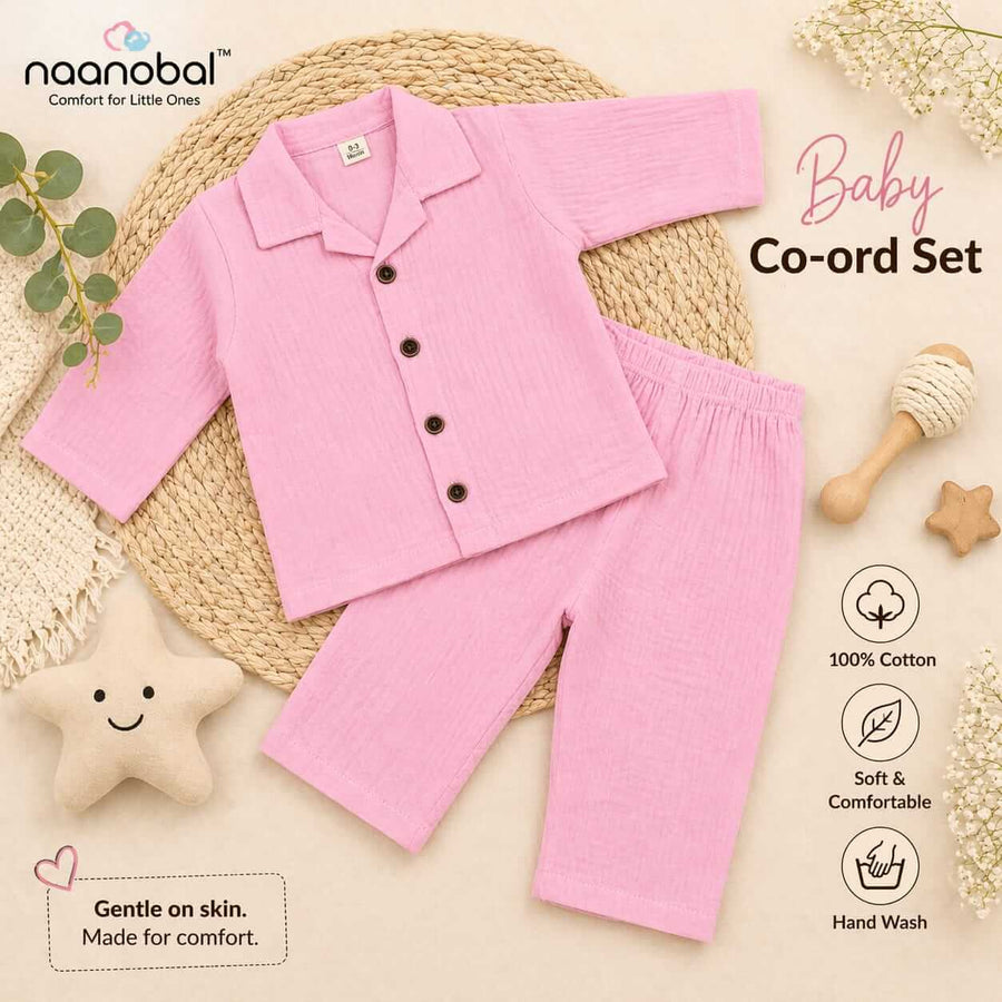 Premium Muslin Cotton Baby Co-Ord Set (Unisex) (Shirt & Pants) – Ultra Soft & Skin-Friendly Comfort