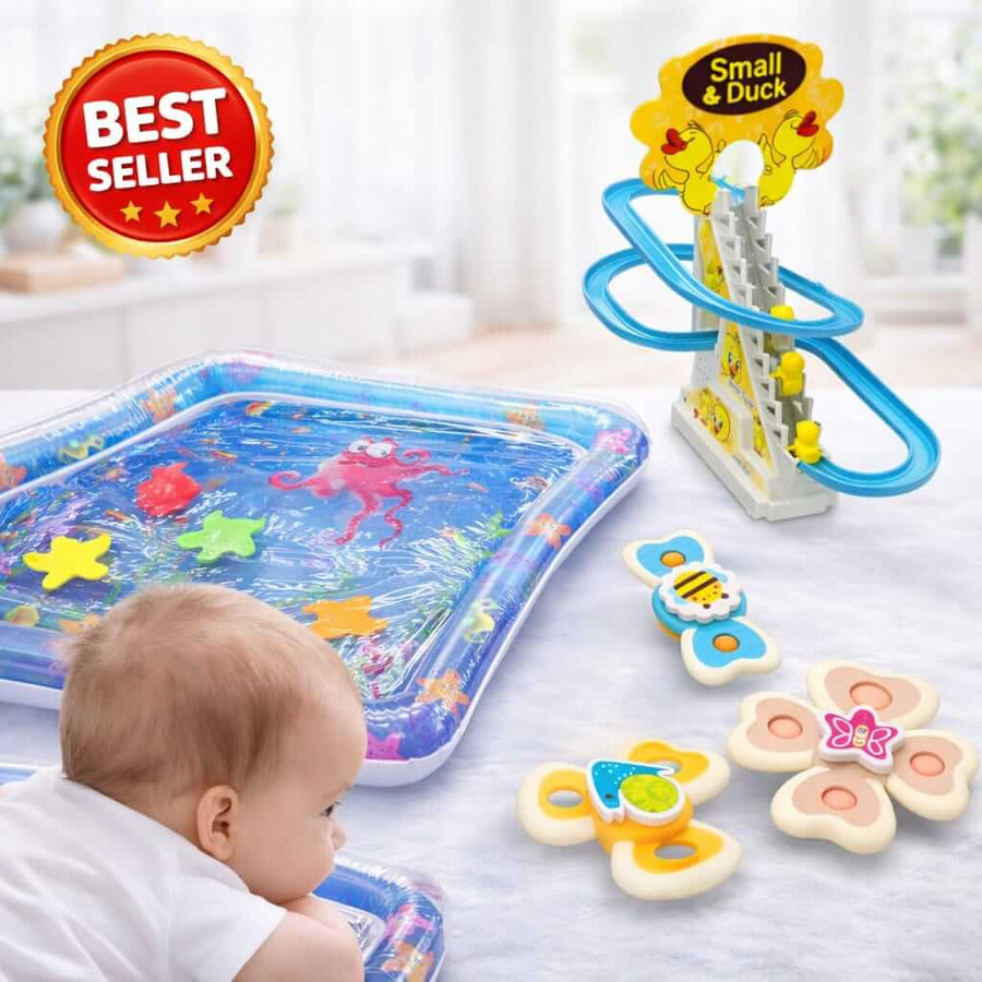 Baby Tummy Time Play Combo – Tummy Mat + Small Duck Toy + 3 Pcs Spinner Toys for Baby Activity, Learning & Fun Play Set