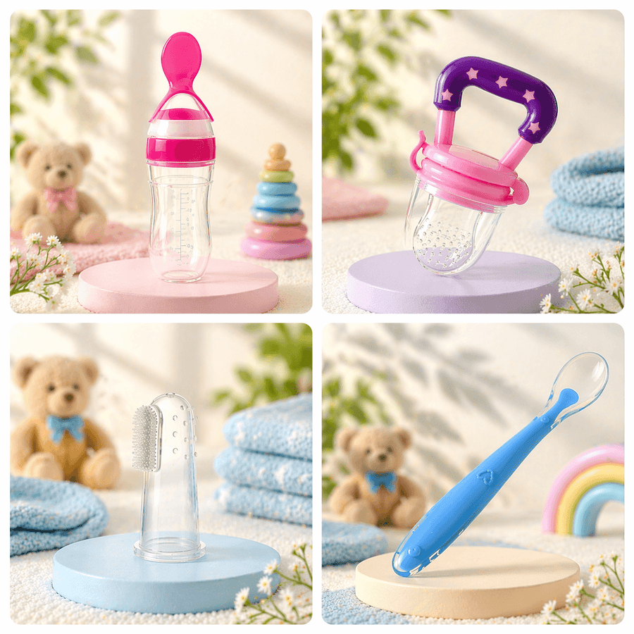 Combo Of Silicone Finger Brush, Fruit Feeder, Spoon, Spoon Bottle For Kids Pack Of 4 (Multicolor)