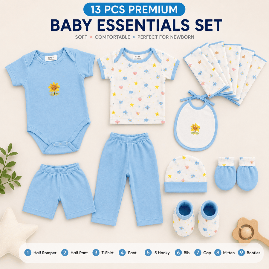 13 Pcs Premium Newborn Baby Essentials Set | Romper & Accessories Combo