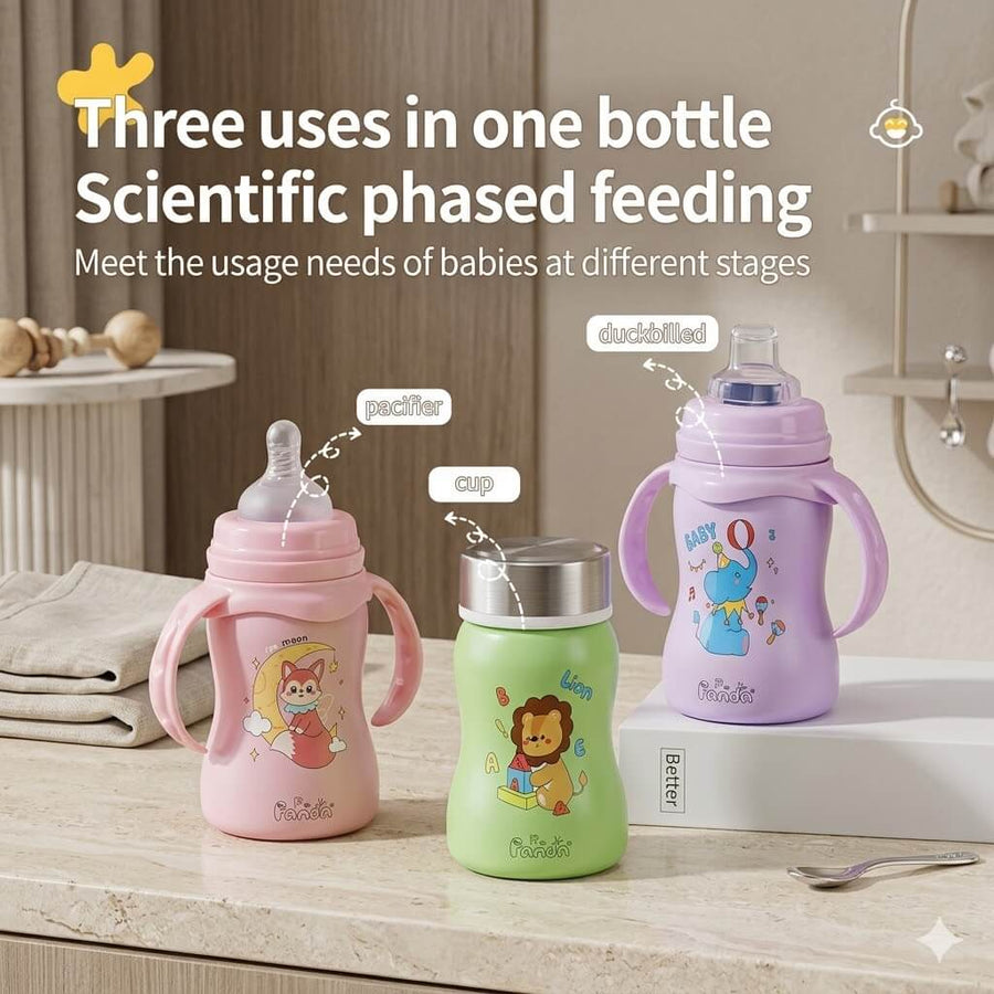 3 in 1 Baby Steel Feeding Bottle | Sipper Cup with Handle | Multi-Use Baby Bottle