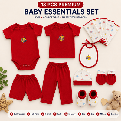 13 Pcs Premium Newborn Baby Essentials Set | Romper & Accessories Combo