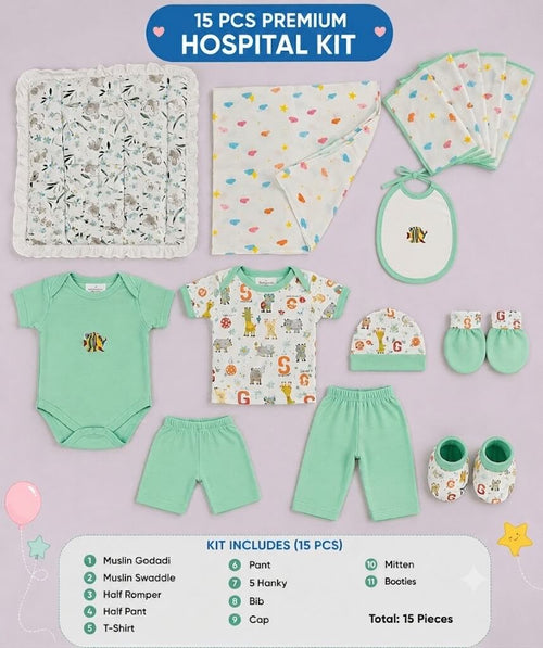 15 Pcs Premium Newborn Baby Hospital Kit | Soft Cotton Baby Essentials Set