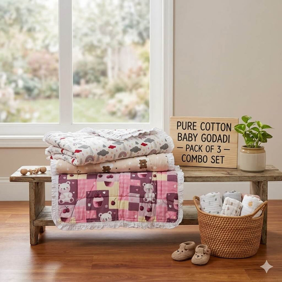 Pure Cotton Baby Godadi Pack of 3 | Soft & Skin Friendly | Random Colors & Prints