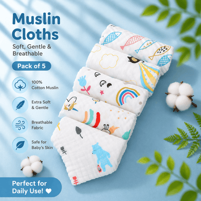 Soft Muslin Cotton Baby Handkerchief (Henky) Pack of 5 | Ultra Soft & Absorbent for Kids