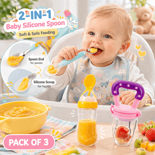 3-in-1 Baby Feeding Combo Set for Kids (Pack of 3) – Silicone Spoon, Feeding Spoon Bottle & Fruit Feeder