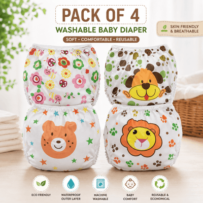 Baby Washable Reusable Cloth Diapers (Pack of 4) – Adjustable, Leak-Proof & Soft (0-24 Months)