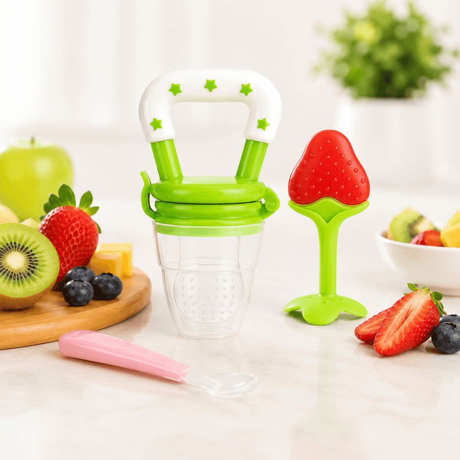 Premium Baby Essentials Combo Set | Fruit Feeder + Silicone Fruit Teether + Soft Feeding Spoon | BPA Free Baby Feeding Kit