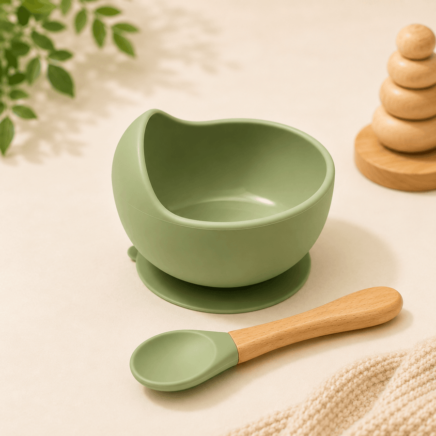 Silicone Baby Suction Bowl with Wooden Handle Spoon | BPA Free Feeding Bowl for Babies & Toddlers