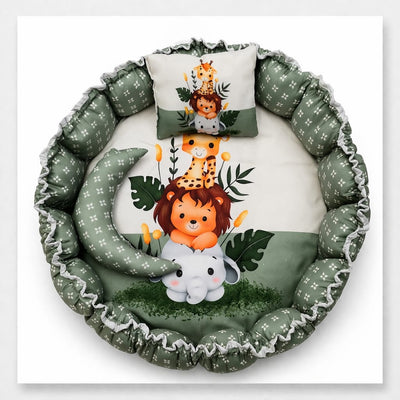 Cute Jungle Theme Newborn Lounger | Premium Baby Nest Bed with 1 Head Pillow And 1 Moon Pillow