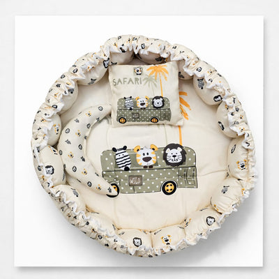 Cute Safari Theme Newborn Baby Sleeping Lounger | Soft Baby Nest Bed with 1 Head Pillow And 1 Moon Pillow