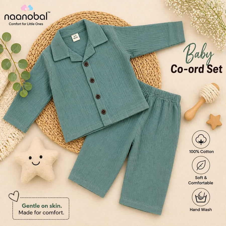 Premium Muslin Cotton Baby Co-Ord Set (Unisex) (Shirt & Pants) – Ultra Soft & Skin-Friendly Comfort