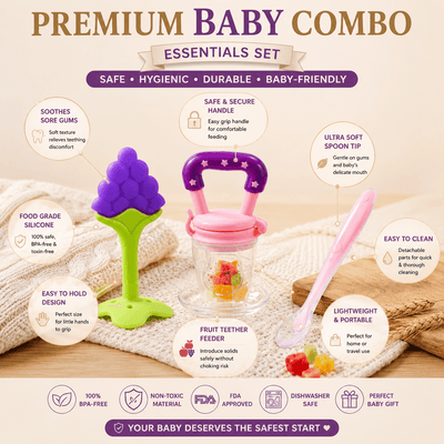Premium Baby Essentials Combo Set | Fruit Feeder + Silicone Fruit Teether + Soft Feeding Spoon | BPA Free Baby Feeding Kit