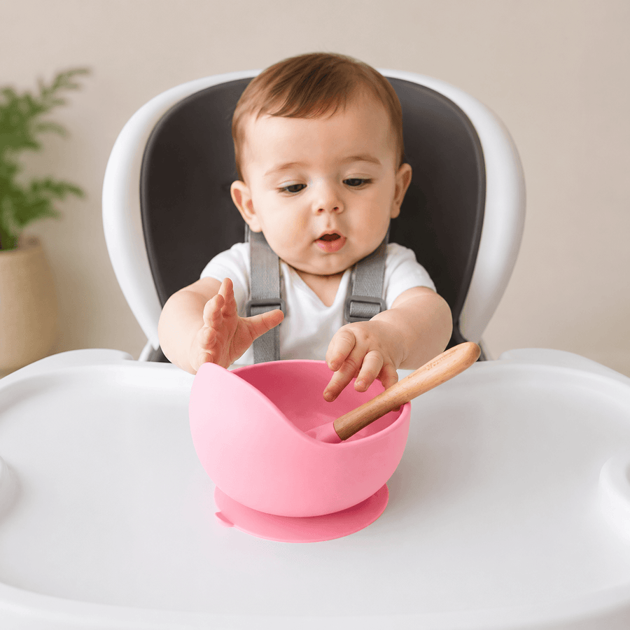 Silicone Baby Suction Bowl with Wooden Handle Spoon | BPA Free Feeding Bowl for Babies & Toddlers