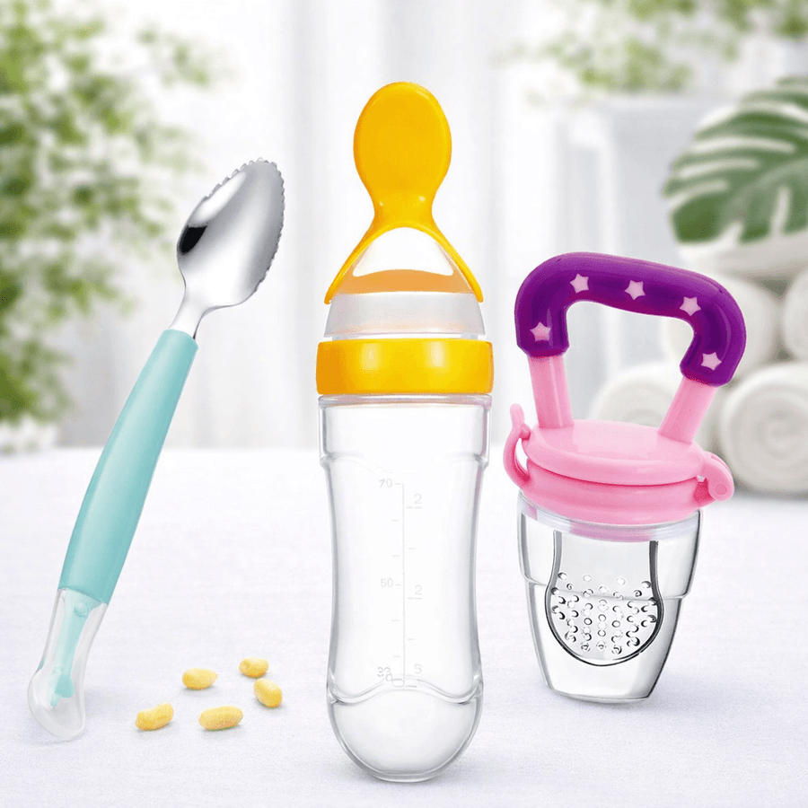 3-in-1 Baby Feeding Combo Set for Kids (Pack of 3) – Silicone Spoon, Feeding Spoon Bottle & Fruit Feeder