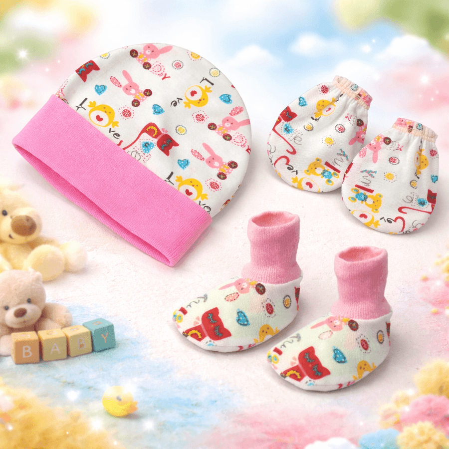 Cotton Mitten And Cap Set For Kids Pack Of 4 (Multicolor)