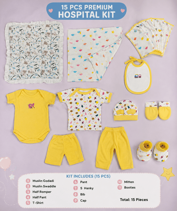 15 Pcs Premium Newborn Baby Hospital Kit | Soft Cotton Baby Essentials Set