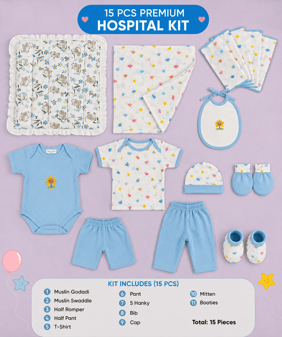 15 Pcs Premium Newborn Baby Hospital Kit | Soft Cotton Baby Essentials Set