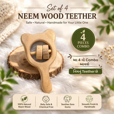 Natural Neem Wood Baby Teether Set of 4 – Safe Wooden Teething Toys for Babies
