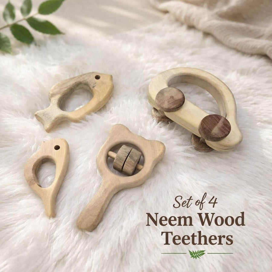 Natural Neem Wood Baby Teether Set of 4 – Safe Wooden Teething Toys for Babies